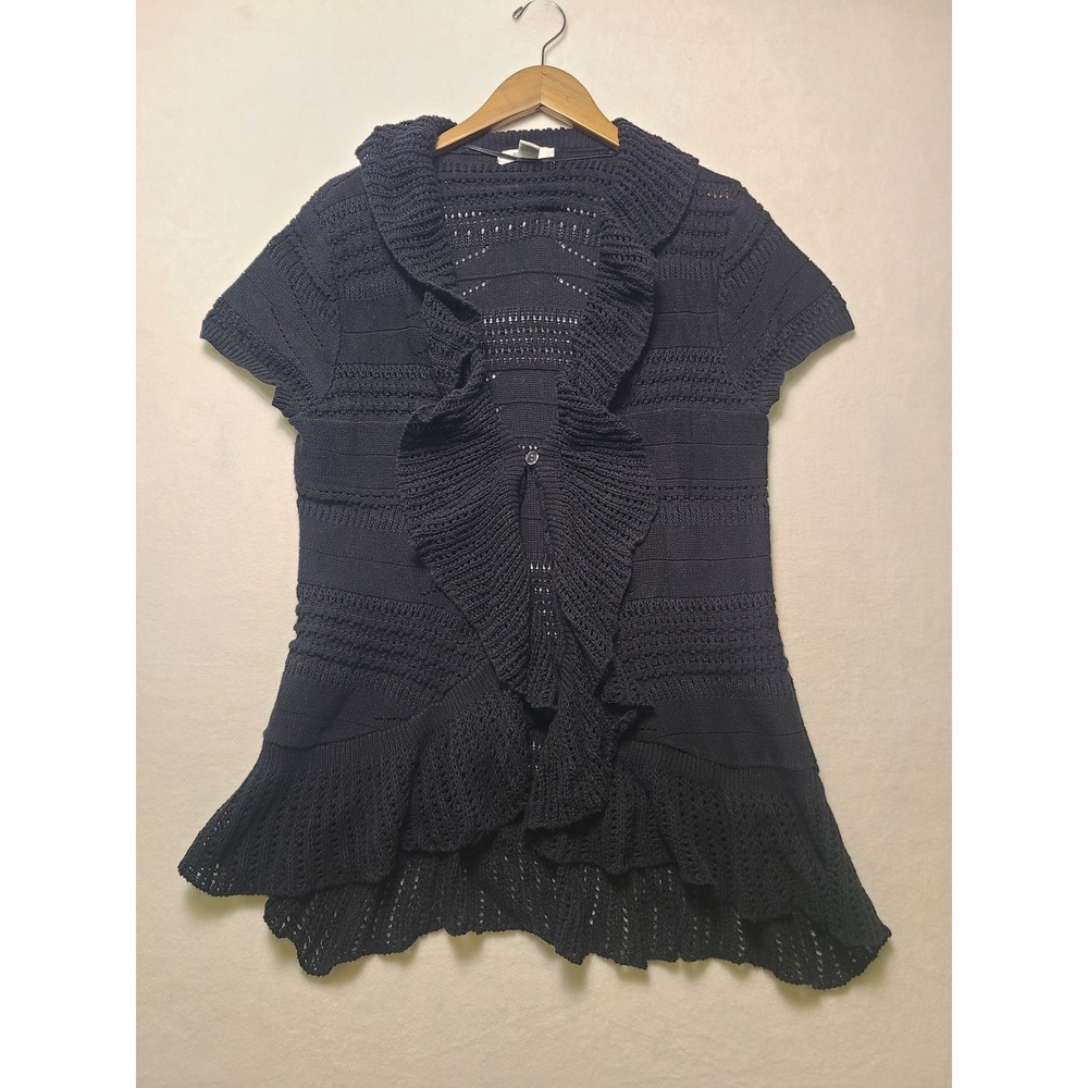 Y2K L Cardigan Ruffle Boho Black Short Sleeve Pointelle Cotton Knit Cottage